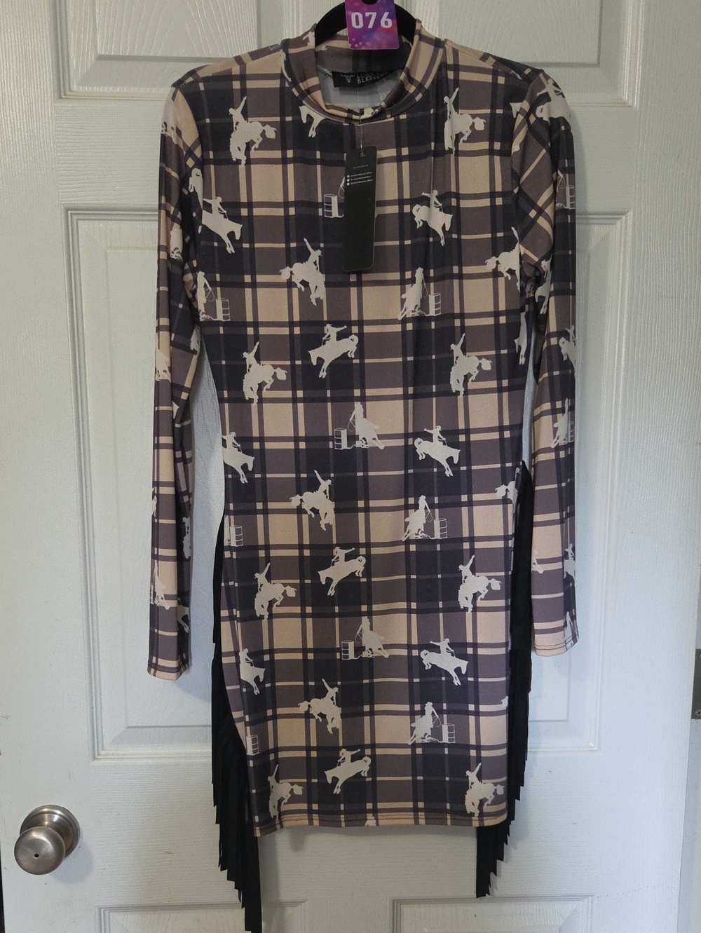 Plaid Long-Sleeve Shift Dress with Equestrian Print - Beige/Black